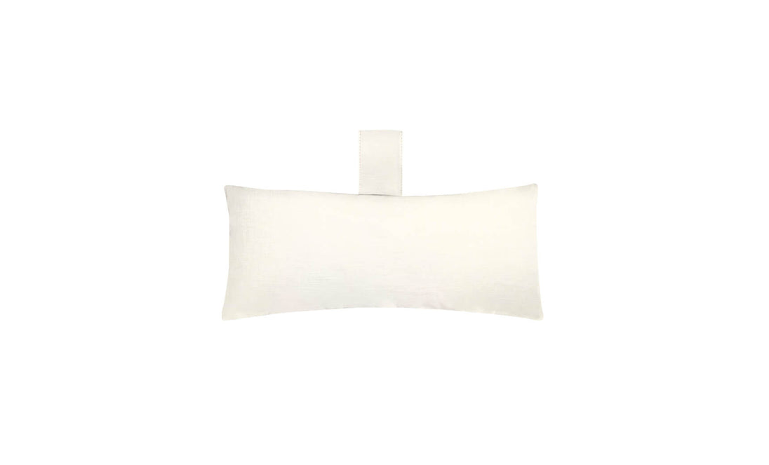 The Ledge Lounger Autograph Headrest Pillow is a rectangular pillow with a loop on top, made from durable marine-grade fabric. It offers comfort for lounging anywhere, either on land or in the pool, while its design remains elegantly simple in plain white.