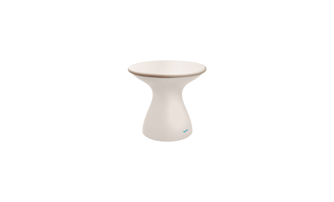 The Autograph Standard Side Table by Ledge Lounger is a modern, white, hourglass-shaped smart planter that doubles as an outdoor side table. With a blue LED light near the base, it enhances its tech features while complementing contemporary décor, perfect for poolside lounging.