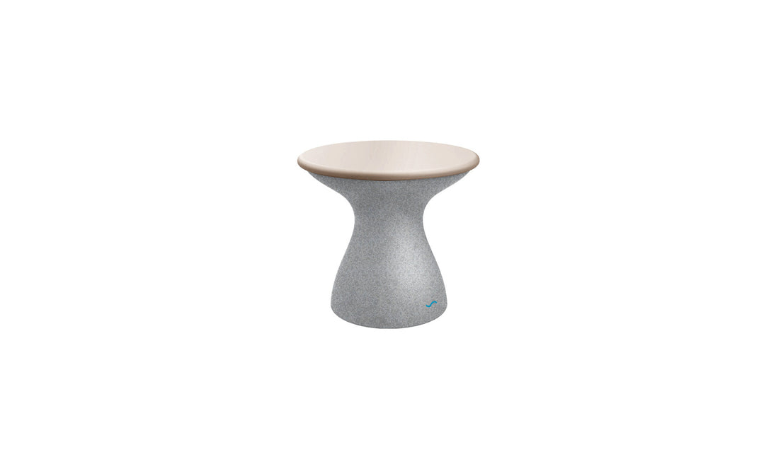 The Autograph Standard Side Table by Ledge Lounger is gray with a sleek light beige top, featuring a modern hourglass design perfect for poolside storage. Its minimalist curved waist effortlessly blends style and functionality against a white background.