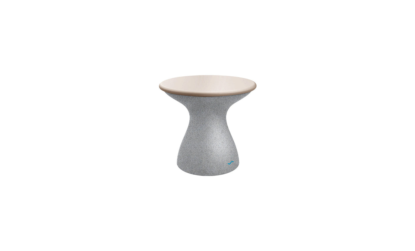 The Autograph Standard Side Table by Ledge Lounger is gray with a sleek light beige top, featuring a modern hourglass design perfect for poolside storage. Its minimalist curved waist effortlessly blends style and functionality against a white background.
