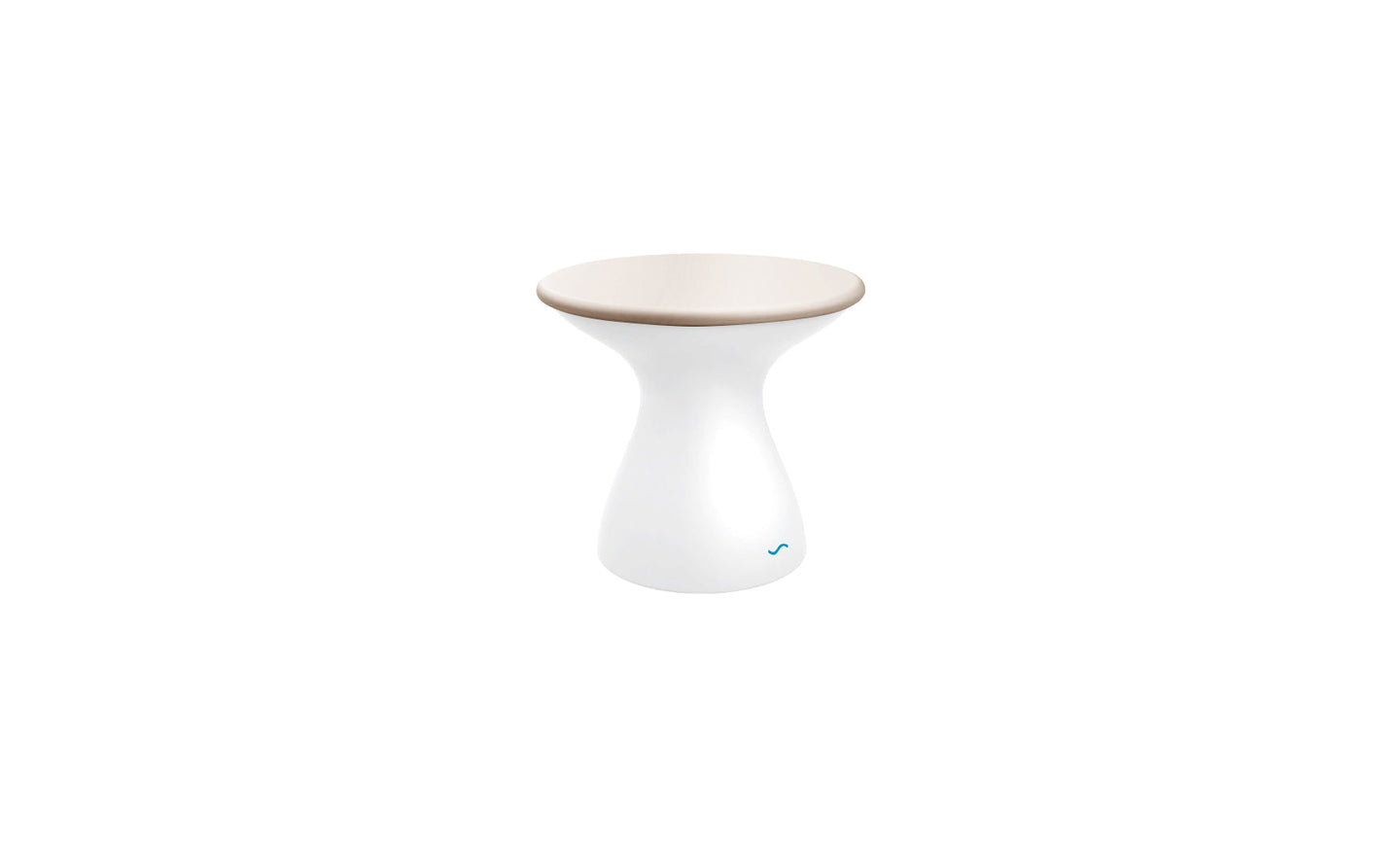 The Autograph Standard Side Table by Ledge Lounger showcases a modern hourglass shape with a white glossy base and beige flat top, ideal as an outdoor side table. Its sleek design on a plain white background is finished with a subtle blue logo at the bottom.
