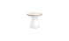 The Autograph Standard Side Table from Ledge Lounger features a modern, hourglass-shaped white design with a beige top and small blue logo near the base. Perfect for outdoor use or poolside storage, its set against a plain white background.