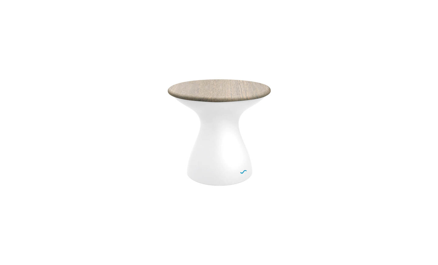 The Autograph Standard Side Table by Ledge Lounger features a smooth, white hourglass-shaped base and a flat, light wood top. This modern minimalist stool doubles as an outdoor side table, perfect for contemporary flair and poolside storage needs.