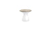 The Autograph Standard Side Table by Ledge Lounger features a smooth, white hourglass-shaped base and a flat, light wood top. This modern minimalist stool doubles as an outdoor side table, perfect for contemporary flair and poolside storage needs.