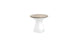 The Autograph Standard Side Table by Ledge Lounger features a smooth, white hourglass-shaped base and a flat, light wood top. This modern minimalist stool doubles as an outdoor side table, perfect for contemporary flair and poolside storage needs.