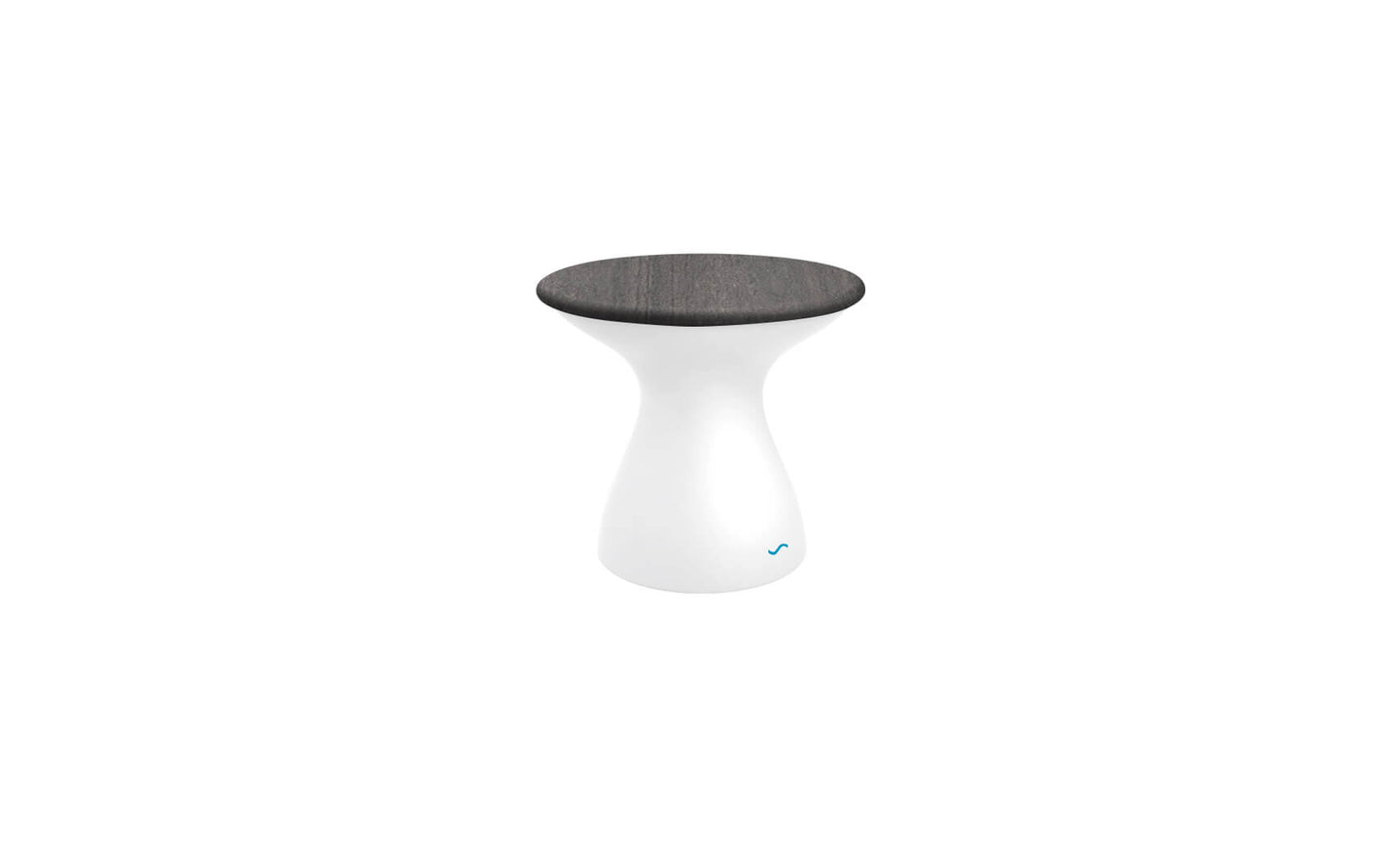The Autograph Standard Side Table by Ledge Lounger is a modern piece with a sleek design, boasting a glossy white base and round dark wooden seat. Its minimalist hourglass shape perfectly suits outdoor use, blending style and function effortlessly.