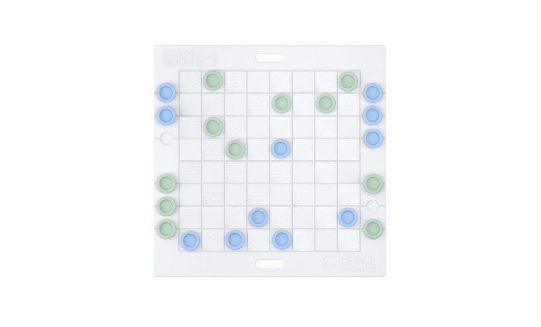 The Ledge Lounger Checkers & Tic Tac Toe game features a giant white board with subtle grid lines and blue and green circular pieces. The blue pieces are strategically placed, while the green ones line both edges, reminiscent of checkers.