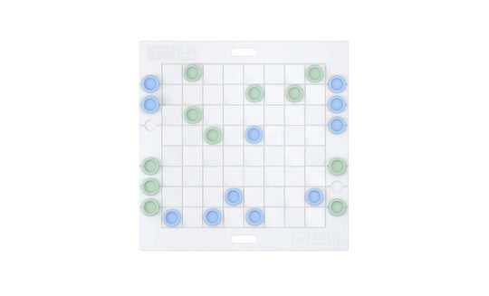 The Ledge Lounger Checkers & Tic Tac Toe game features a giant white board with subtle grid lines and blue and green circular pieces. The blue pieces are strategically placed, while the green ones line both edges, reminiscent of checkers.