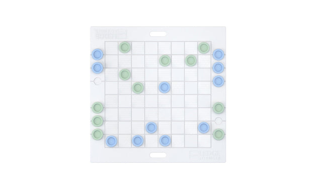 The Ledge Lounger Checkers & Tic Tac Toe game features a giant white board with subtle grid lines and blue and green circular pieces. The blue pieces are strategically placed, while the green ones line both edges, reminiscent of checkers.