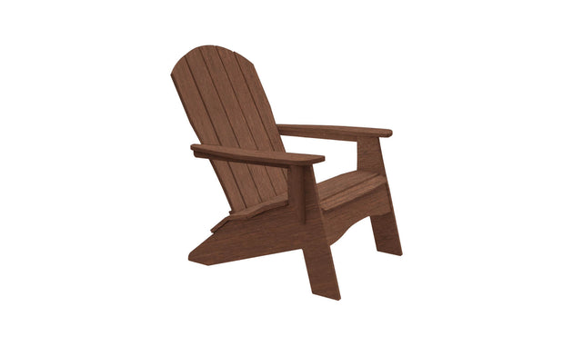 The Legacy Adirondack by Ledge Lounger is a rustic brown chair featuring a slatted design, angled backrest, and wide armrests. Ideal for patio gatherings, it offers comfortable and relaxed seating under the open sky.