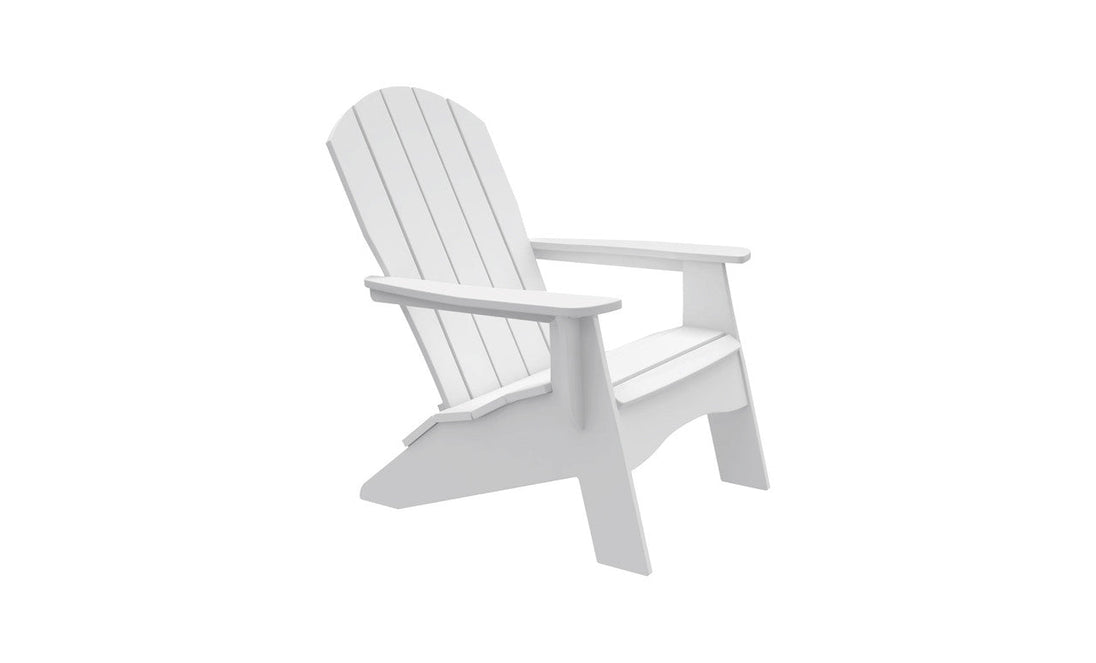 The Legacy Adirondack by Ledge Lounger is a pristine white chair featuring wide armrests and a slatted backrest, ideal for outdoor enthusiasts and patio gatherings.