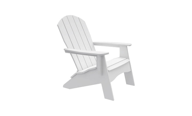 The Legacy Adirondack by Ledge Lounger is a pristine white chair featuring wide armrests and a slatted backrest, ideal for outdoor enthusiasts and patio gatherings.