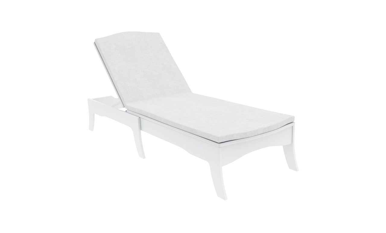The Legacy Chaise Cushion by Ledge Lounger is a durable, white outdoor chaise lounge featuring a cushioned seat and adjustable backrest. Designed with sleek minimalism, it allows for customization to fit any style while being set against a plain white background.