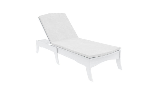 The Legacy Chaise Cushion by Ledge Lounger is a durable, white outdoor chaise lounge featuring a cushioned seat and adjustable backrest. Designed with sleek minimalism, it allows for customization to fit any style while being set against a plain white background.