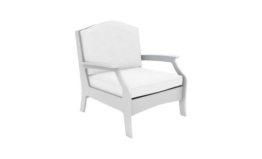 The Legacy Club Chair by Ledge Lounger is a white cushioned chair featuring clean lines and a minimalist angular frame, set against a plain white background, perfect for enhancing any outdoor space with its modern design.