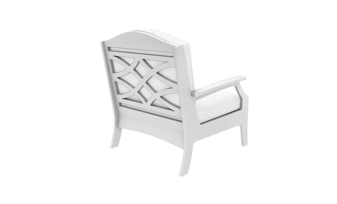 The Legacy Club Chair by Ledge Lounger, a white cushioned piece with armrests, is shown from the back. The backrest has an open geometric pattern of interlocking curved lines. Ideal for personalizing your outdoor space, it is set against a plain white backdrop.