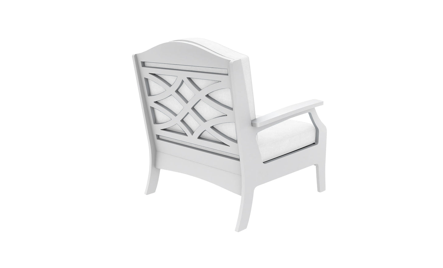 The Legacy Club Chair by Ledge Lounger, a white cushioned piece with armrests, is shown from the back. The backrest has an open geometric pattern of interlocking curved lines. Ideal for personalizing your outdoor space, it is set against a plain white backdrop.