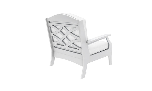 The Legacy Club Chair by Ledge Lounger, a white cushioned piece with armrests, is shown from the back. The backrest has an open geometric pattern of interlocking curved lines. Ideal for personalizing your outdoor space, it is set against a plain white backdrop.