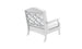 The Legacy Club Chair by Ledge Lounger, a white cushioned piece with armrests, is shown from the back. The backrest has an open geometric pattern of interlocking curved lines. Ideal for personalizing your outdoor space, it is set against a plain white backdrop.