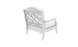 The Legacy Club Chair by Ledge Lounger, a white cushioned piece with armrests, is shown from the back. The backrest has an open geometric pattern of interlocking curved lines. Ideal for personalizing your outdoor space, it is set against a plain white backdrop.