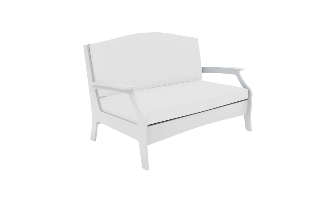 Introducing the Ledge Lounger Legacy Loveseat, a white wooden two-seater bench with armrests and a high backrest, offering cushioned comfort atop its minimalist design that enhances any outdoor space.