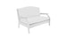 Introducing the Ledge Lounger Legacy Loveseat, a white wooden two-seater bench with armrests and a high backrest, offering cushioned comfort atop its minimalist design that enhances any outdoor space.