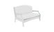 Introducing the Ledge Lounger Legacy Loveseat, a white wooden two-seater bench with armrests and a high backrest, offering cushioned comfort atop its minimalist design that enhances any outdoor space.