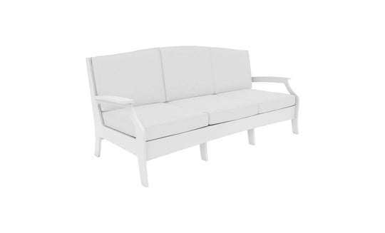 The Ledge Lounger Legacy Sofa is a modern, minimalist piece with three cushioned seats and wooden armrests. Its sleek design contrasts beautifully with durable outdoor fabrics against a plain white background.