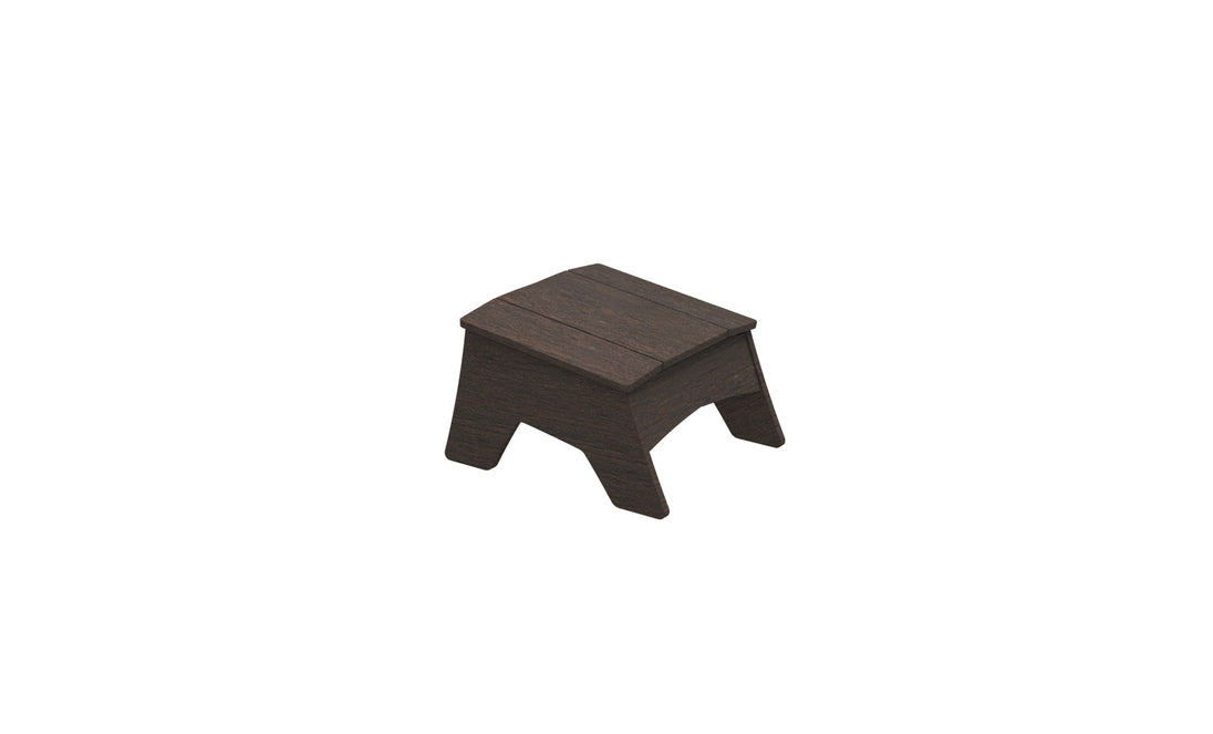 The Mainstay Adirondack Ottoman by Ledge Lounger is a compact, dark brown piece with a simple rectangular top and four robust legs, crafted from high-quality materials, ideal for any outdoor patio.
