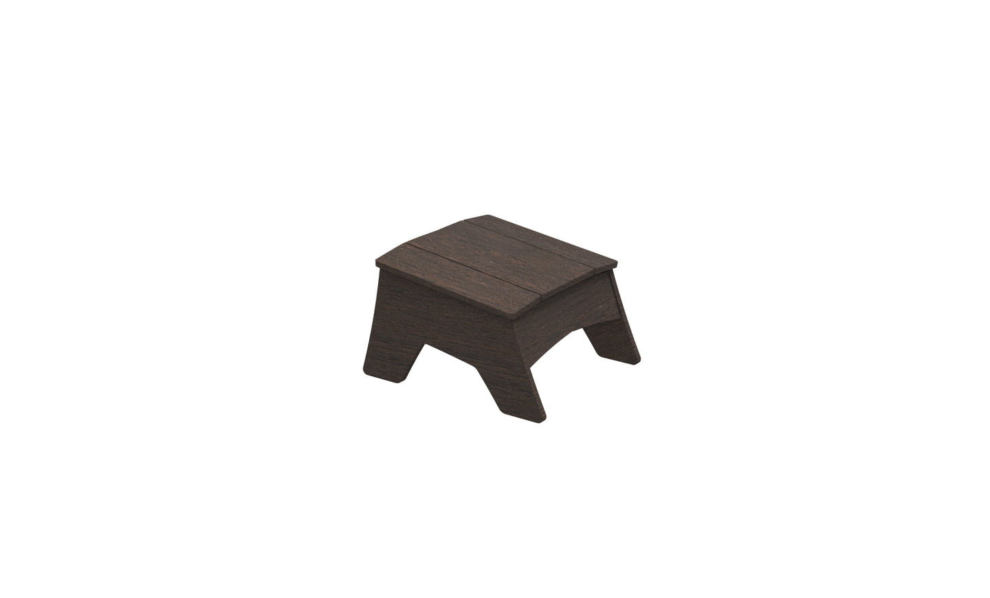 The Mainstay Adirondack Ottoman by Ledge Lounger is a compact, dark brown piece with a simple rectangular top and four robust legs, crafted from high-quality materials, ideal for any outdoor patio.