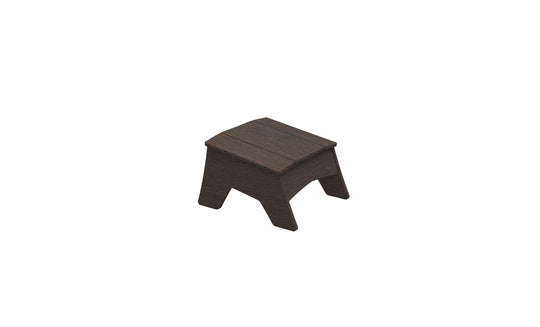 The Mainstay Adirondack Ottoman by Ledge Lounger is a compact, dark brown piece with a simple rectangular top and four robust legs, crafted from high-quality materials, ideal for any outdoor patio.