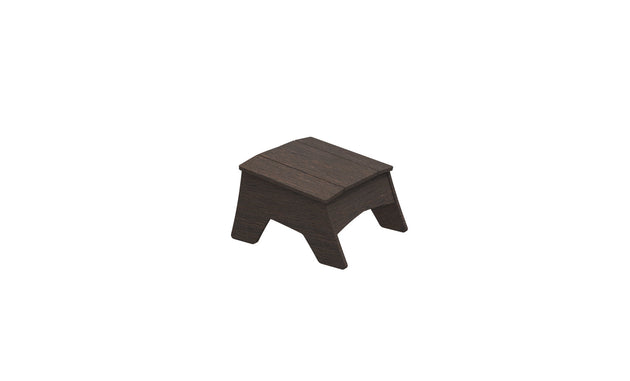 The Mainstay Adirondack Ottoman by Ledge Lounger is a compact, dark brown piece with a simple rectangular top and four robust legs, crafted from high-quality materials, ideal for any outdoor patio.
