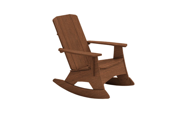 The Ledge Lounger Mainstay Adirondack Rocker features a slatted back, seat, curved rockers, and armrests. Enhanced with stainless steel hardware, its warm brown finish adds rustic charm. Designed for comfort, its ideal for outdoor or indoor relaxation.