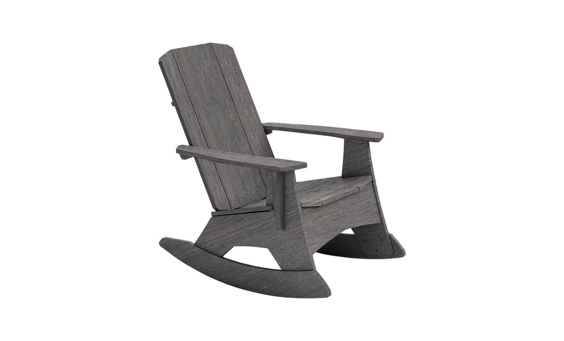 The Mainstay Adirondack Rocker by Ledge Lounger features a gray wooden finish, slatted backrest and seat, rightward angle, curved rockers, and stainless steel hardware. Its perfect for relaxing outdoors or in a cozy indoor corner.