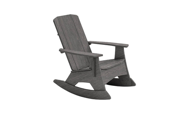 The Mainstay Adirondack Rocker by Ledge Lounger features a gray wooden finish, slatted backrest and seat, rightward angle, curved rockers, and stainless steel hardware. Its perfect for relaxing outdoors or in a cozy indoor corner.