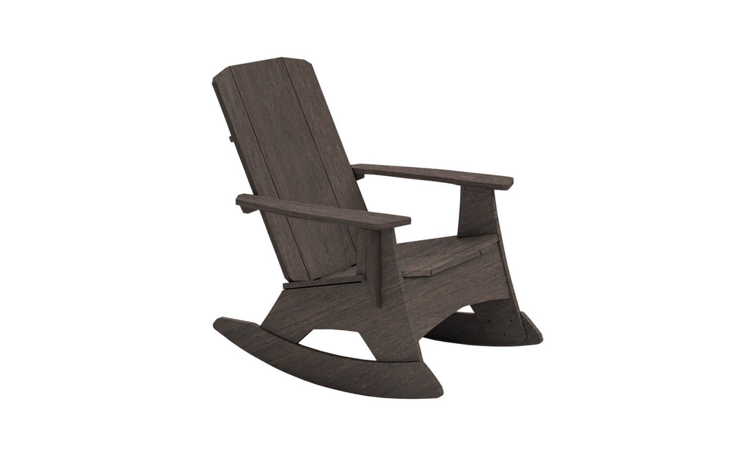 The Mainstay Adirondack Rocker by Ledge Lounger is a wooden chair with a dark brown finish, showcasing a tall, slatted backrest and wide armrests. Its curved base invites gentle rocking, making it perfect for your outdoor space. Shown against a white background.