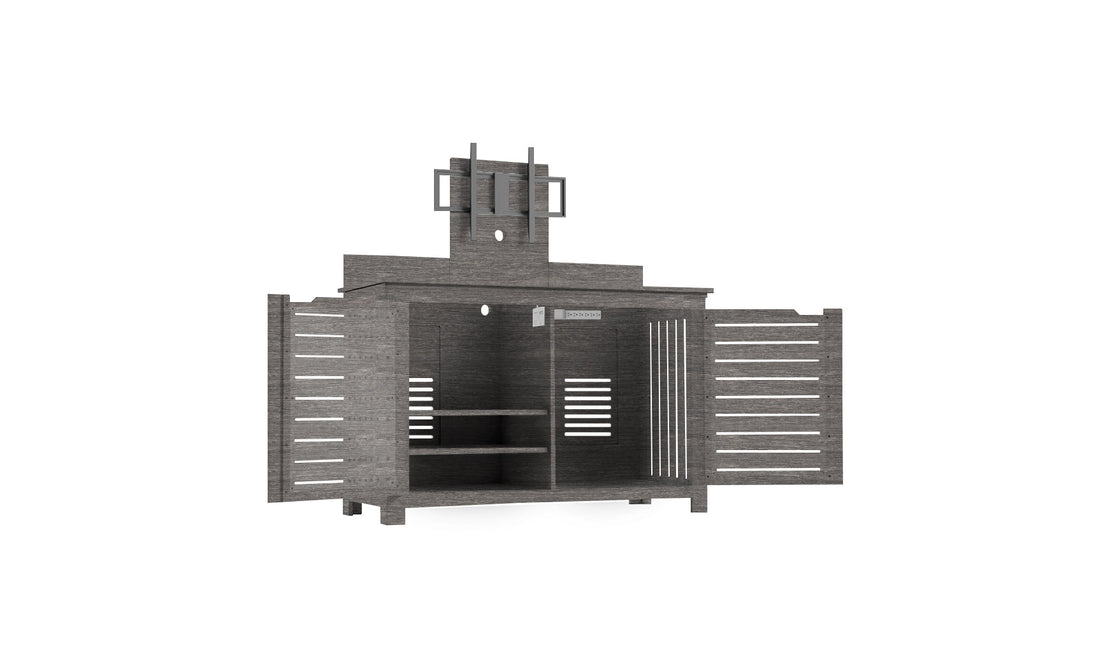 The Ledge Lounger Mainstay Bar Credenza, a modern dark wood piece with open doors and shelves, features a distinctive top with slats and a central circular cutout. Ideal for outdoor entertainment, it provides ample storage and acts as an eye-catching centerpiece for gatherings.