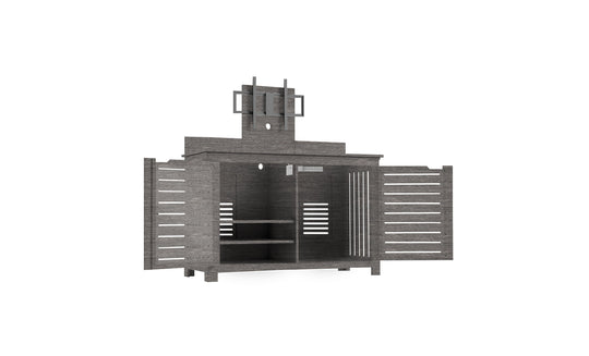 The Ledge Lounger Mainstay Bar Credenza, a modern dark wood piece with open doors and shelves, features a distinctive top with slats and a central circular cutout. Ideal for outdoor entertainment, it provides ample storage and acts as an eye-catching centerpiece for gatherings.