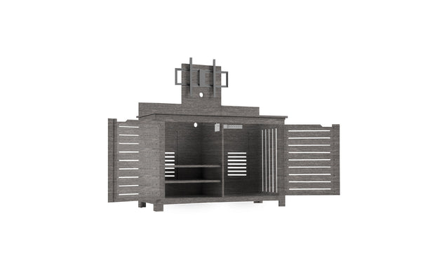 The Ledge Lounger Mainstay Bar Credenza, a modern dark wood piece with open doors and shelves, features a distinctive top with slats and a central circular cutout. Ideal for outdoor entertainment, it provides ample storage and acts as an eye-catching centerpiece for gatherings.