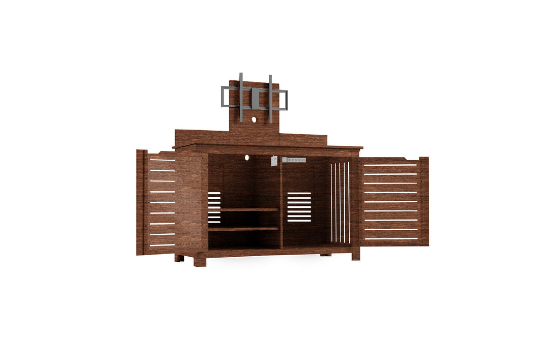 The Ledge Lounger Mainstay Bar Credenza features rustic brown wooden storage with open slatted doors and a metal towel rack on top, ideal for outdoor entertainment. Its spacious interior includes shelves for organization.