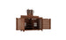 The Ledge Lounger Mainstay Bar Credenza features rustic brown wooden storage with open slatted doors and a metal towel rack on top, ideal for outdoor entertainment. Its spacious interior includes shelves for organization.