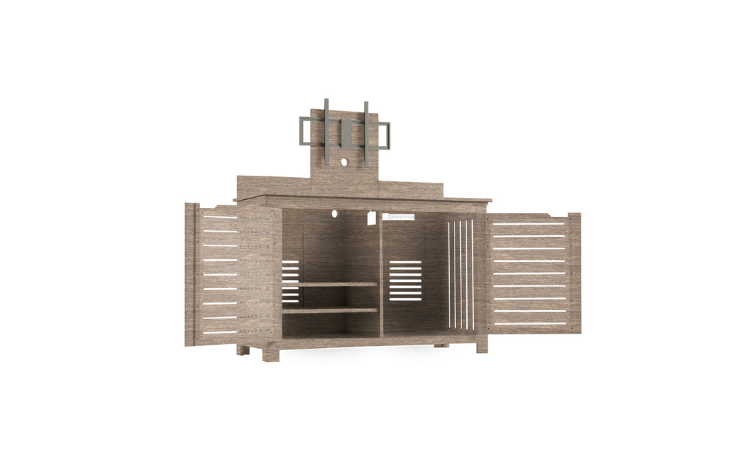 The Mainstay Bar Credenza by Ledge Lounger features open slatted doors, ample storage, an upper shelf, and a unique geometric top design. Its light brown wood finish enhances its minimalist style, making it perfect for outdoor entertainment.