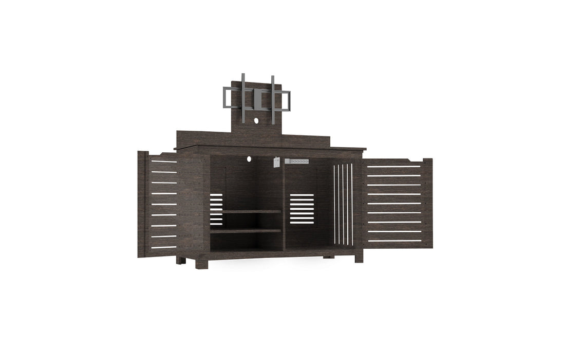 The Mainstay Bar Credenza by Ledge Lounger boasts a dark wood finish with horizontal slats, ample storage, two side doors, an open center section with two shelves each, and a decorative top piece featuring two small open squares—ideal for outdoor entertainment.
