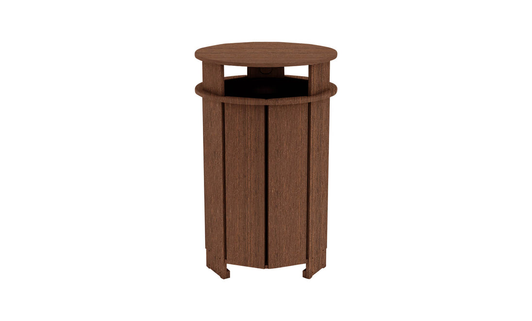 The Ledge Lounger Mainstay Trash Bin is a brown, wooden cylindrical design with vertical slats and an open top. It has a rounded rim, crafted for outdoor durability using UV stable materials, making it a functional patio trash can.