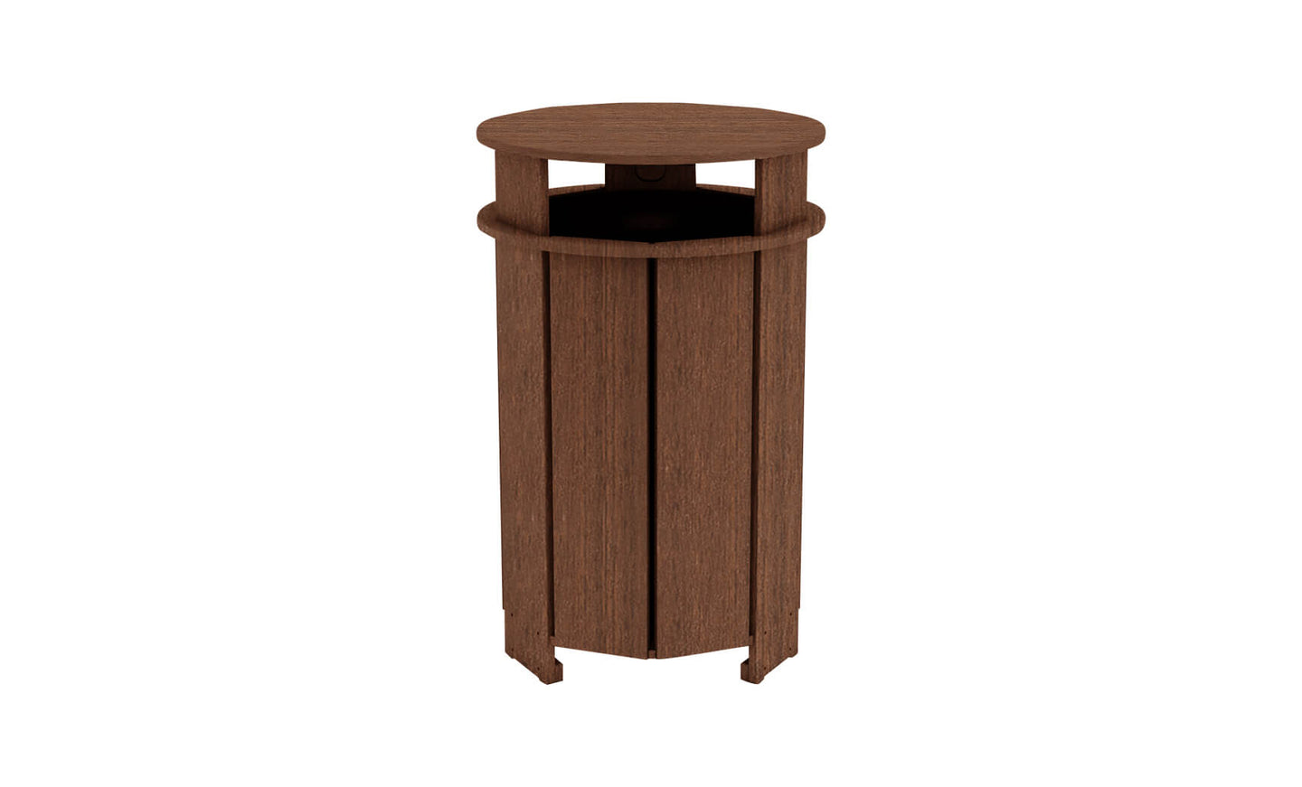 The Ledge Lounger Mainstay Trash Bin is a brown, wooden cylindrical design with vertical slats and an open top. It has a rounded rim, crafted for outdoor durability using UV stable materials, making it a functional patio trash can.
