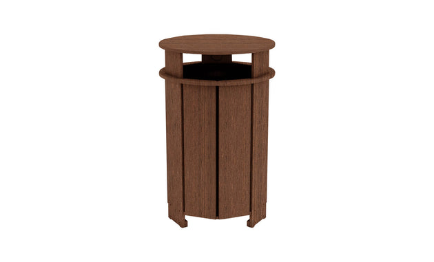 The Ledge Lounger Mainstay Trash Bin is a brown, wooden cylindrical design with vertical slats and an open top. It has a rounded rim, crafted for outdoor durability using UV stable materials, making it a functional patio trash can.