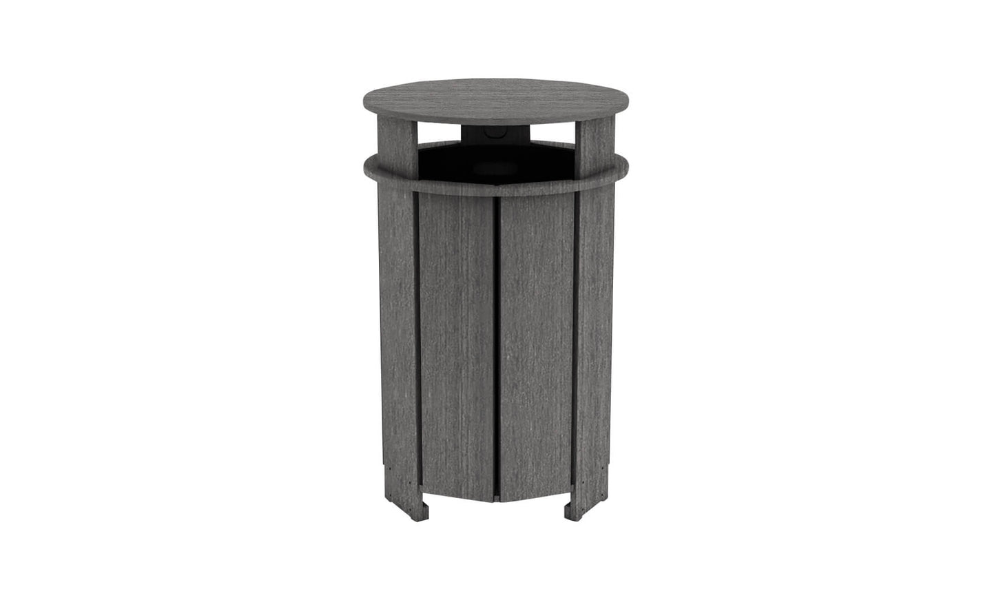The Mainstay Trash Bin by Ledge Lounger is a tall, cylindrical wooden trash can with vertical planks. It features a dark gray finish and an open top for easy disposal.