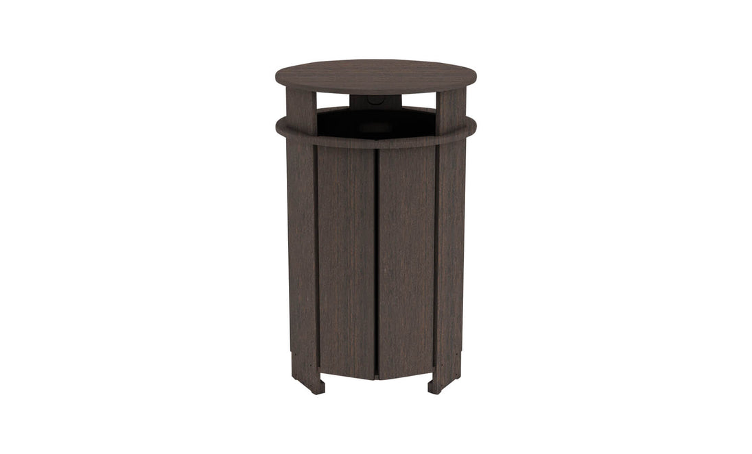 The Mainstay Trash Bin by Ledge Lounger is a dark brown, cylindrical patio trash can with vertical slats and an open top. Made from UV stable materials, it features a sleek design, perfect for outdoor or public spaces.