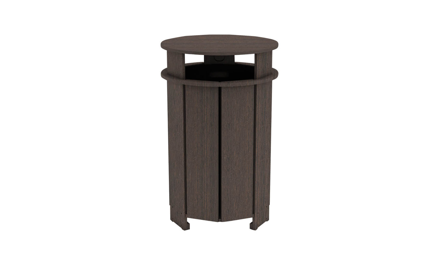 The Mainstay Trash Bin by Ledge Lounger is a dark brown, cylindrical patio trash can with vertical slats and an open top. Made from UV stable materials, it features a sleek design, perfect for outdoor or public spaces.