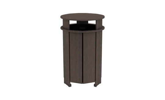The Mainstay Trash Bin by Ledge Lounger is a dark brown, cylindrical patio trash can with vertical slats and an open top. Made from UV stable materials, it features a sleek design, perfect for outdoor or public spaces.